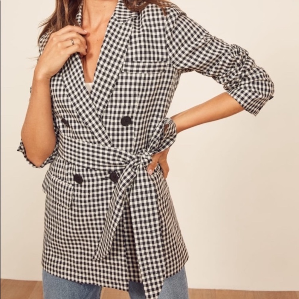 Reformation Rae Gingham Check Double Breasted Relaxed Professional Blazer